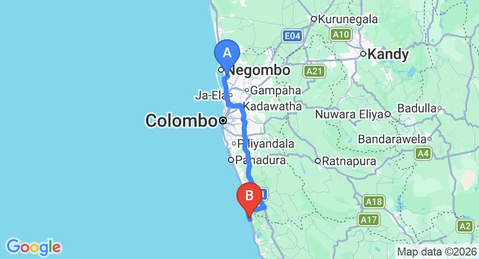Driving route map: Colombo Airport (CMB) to Temple Tree Resort and Spa, Induruwa (112 km, approx 1 h 46 min private transfer)