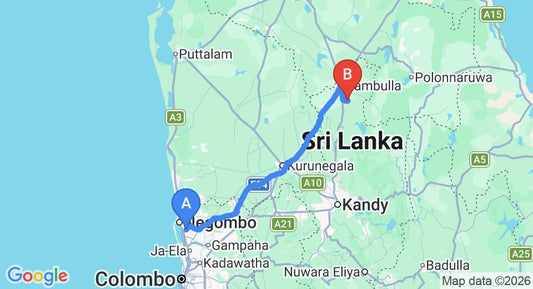 Driving route map: Colombo Airport (CMB) to Rock View, Dambulla (138 km, approx 3 h 1 min private transfer)