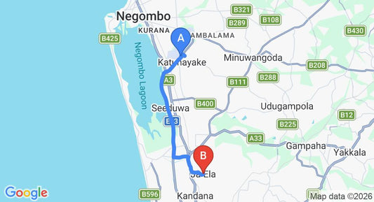 Driving route map: Colombo Airport (CMB) to Ja Ela (16 km, approx 24 min private transfer)