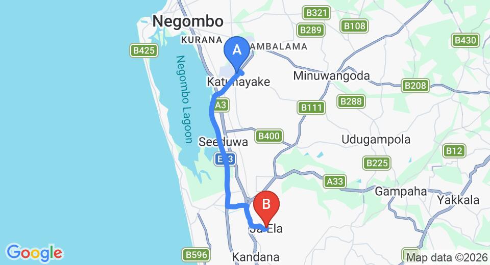 Driving route map: Colombo Airport (CMB) to Villa Somre, Ja Ela (16 km, approx 24 min private transfer)