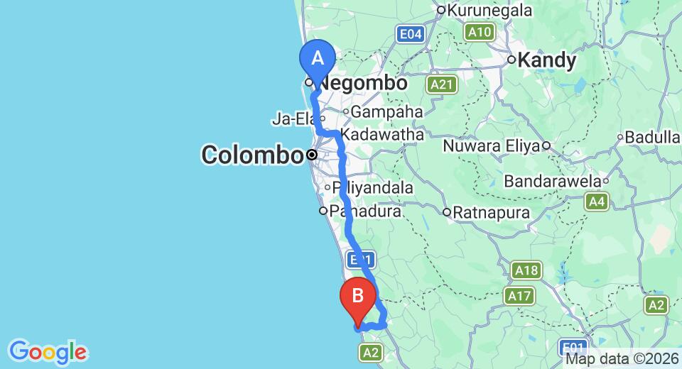 Driving route map: Colombo Airport (CMB) to Kumu Beach, Balapitiya (134 km, approx 2 h 4 min private transfer)