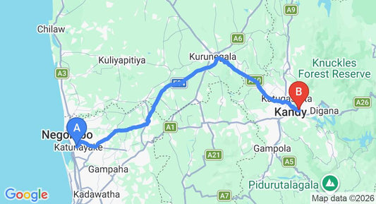 Driving route map: Colombo Airport (CMB) to Deer Point Bungalow, Kandy (116 km, approx 2 h 54 min private transfer)