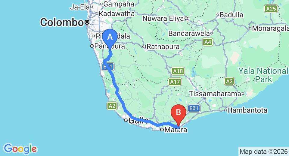 Driving route map: Yala to Dikwella (136 km, approx 2 h 17 min private transfer)