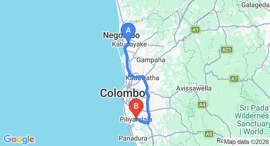 Driving route map: Colombo Airport (CMB) to Piliyandala (63 km, approx 1 h 6 min private transfer)
