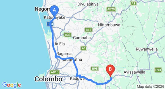 Driving route map: Colombo Airport (CMB) to Kaluaggala (57 km, approx 1 h 17 min private transfer)