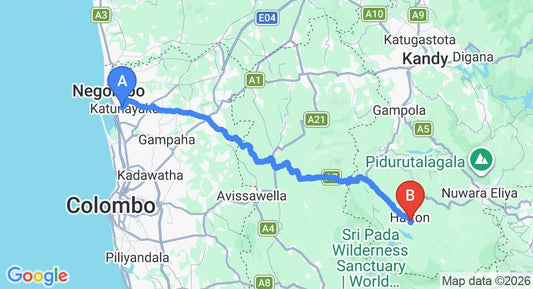 Driving route map: Colombo Airport (CMB) to Laa Adams, Hatton (118 km, approx 3 h 42 min private transfer)