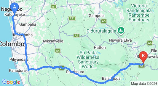 Driving route map: Colombo Airport (CMB) to Haputale (208 km, approx 4 h 59 min private transfer)