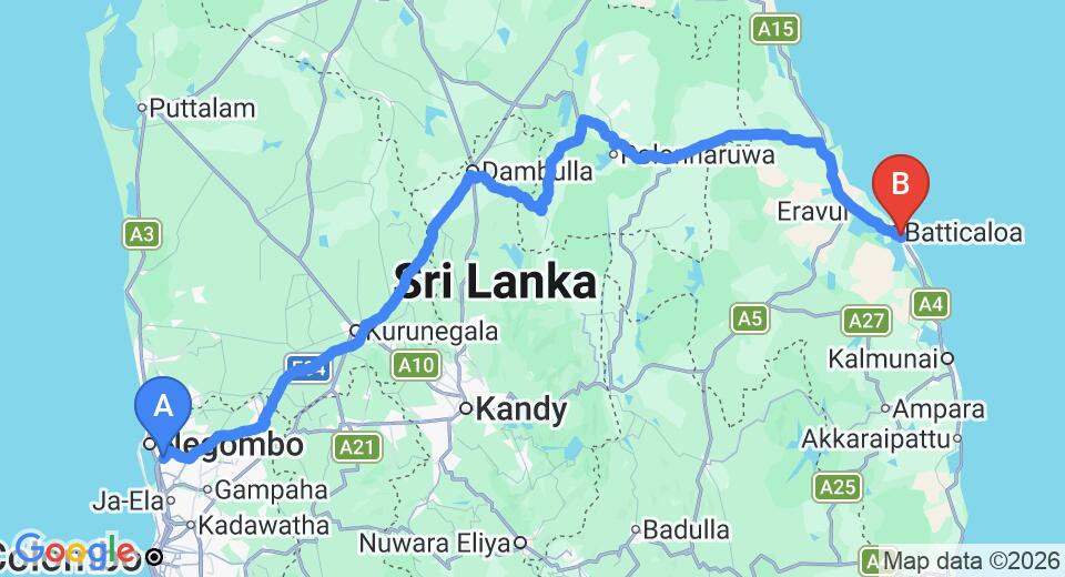 Driving route map: Colombo Airport (CMB) to Green Garden Hotel, Batticaloa (294 km, approx 6 h 7 min private transfer)
