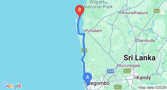 Driving route map: Colombo Airport (CMB) to Baywatch Eco Resort Village, Kalpitiya (140 km, approx 3 h 17 min private transfer)