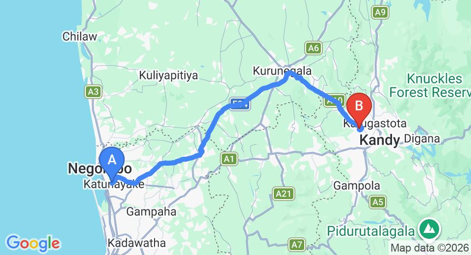 Driving route map: Colombo Airport (CMB) to Homes Bungalow by Tree of Life, Kandy (106 km, approx 2 h 32 min private transfer)