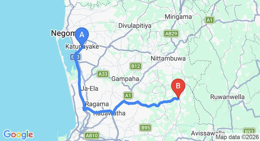 Driving route map: Colombo Airport (CMB) to Kirindiwela (52 km, approx 1 h 12 min private transfer)
