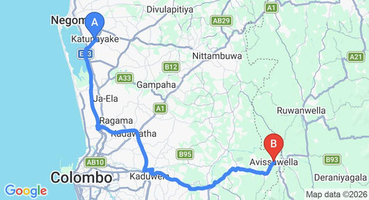 Driving route map: Colombo Airport (CMB) to The Log Cabin, Avissawella (69 km, approx 1 h 38 min private transfer)