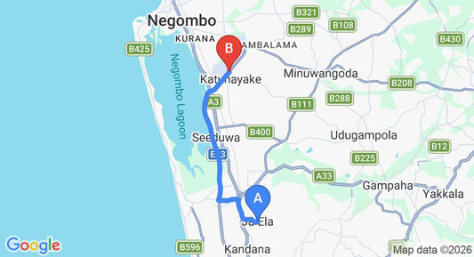 Driving route map: Ja Ela to Colombo Airport (CMB) (15 km, approx 20 min private transfer)