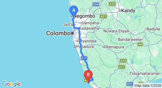 Driving route map: Colombo Airport (CMB) to Haritha Villas and Spa, Hikkaduwa (142 km, approx 2 h 6 min private transfer)