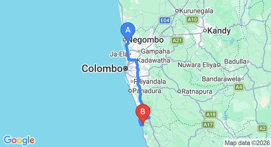 Driving route map: Colombo Airport (CMB) to Village Headman's Bungalow, Bentota (115 km, approx 1 h 52 min private transfer)