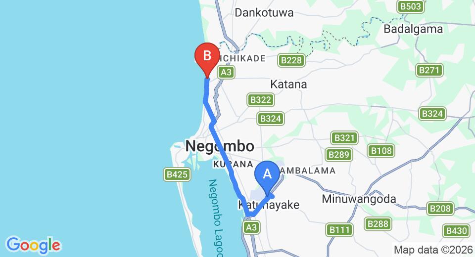 Driving route map: Colombo Airport (CMB) to Mapel Leaf Hotel, Negombo (14 km, approx 34 min private transfer)