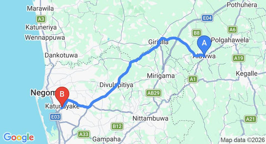 Driving route map: Alawwa to Colombo Airport (CMB) (53 km, approx 1 h 26 min private transfer)