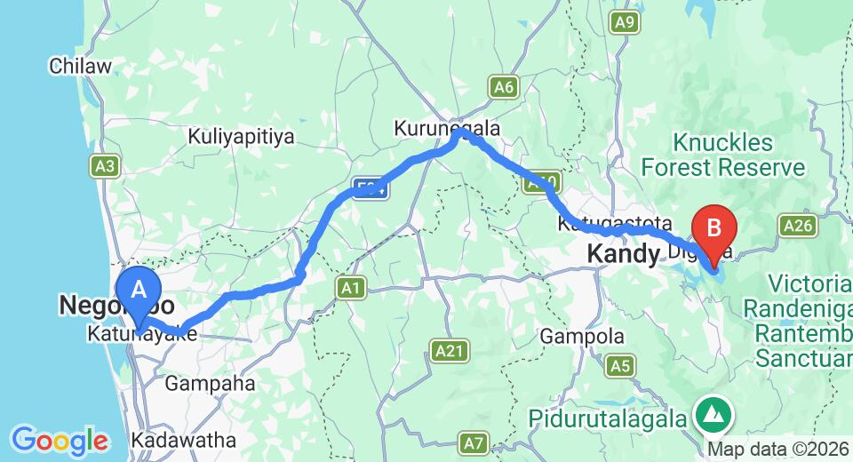 Driving route map: Colombo Airport (CMB) to Haritha at Victoria Golf and Country Resort, Kandy (131 km, approx 3 h 23 min private transfer)