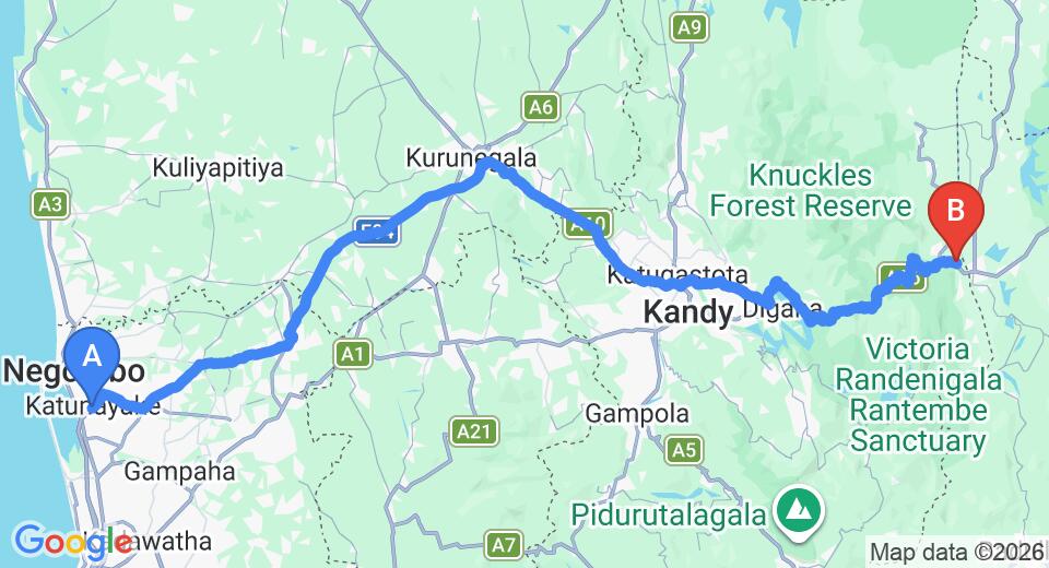 Driving route map: Colombo Airport (CMB) to Hotel Vihanga, Mahiyanganaya (179 km, approx 4 h 39 min private transfer)