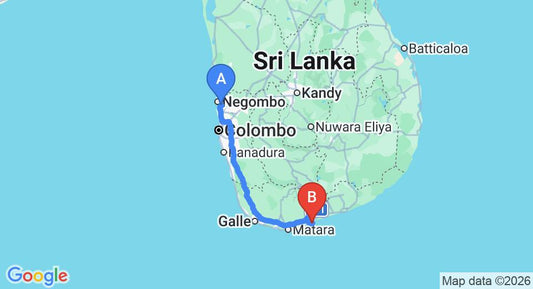 Driving route map: Colombo Airport (CMB) to Goyambokka View Guesthouse, Tangalle (214 km, approx 2 h 57 min private transfer)