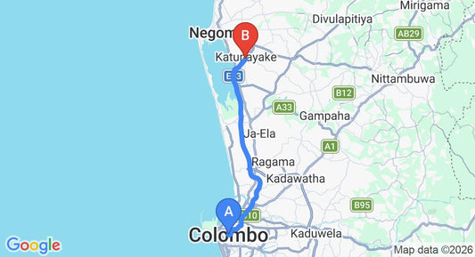 Driving route map: Colombo to Colombo Airport (CMB) (32 km, approx 35 min private transfer)