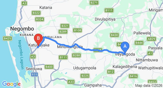 Driving route map: Veyangoda to Colombo Airport (CMB) (23 km, approx 43 min private transfer)