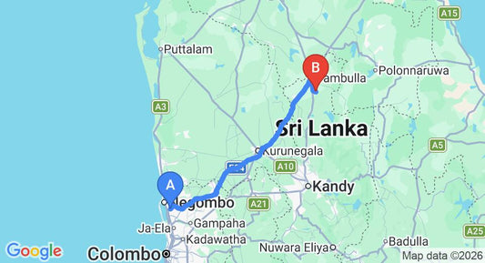 Driving route map: Colombo Airport (CMB) to Diyabubula, the Barberyn Art and Jungle Hideaway, Dambulla (137 km, approx 2 h 59 min private transfer)