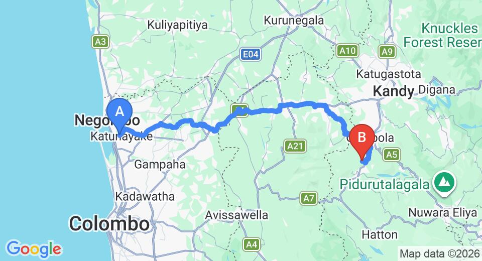 Driving route map: Colombo Airport (CMB) to The Weir House, Kandy (115 km, approx 3 h 30 min private transfer)