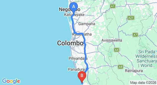 Driving route map: Colombo Airport (CMB) to Garden Beach Hotel Kalutara, Kalutara (82 km, approx 1 h 29 min private transfer)