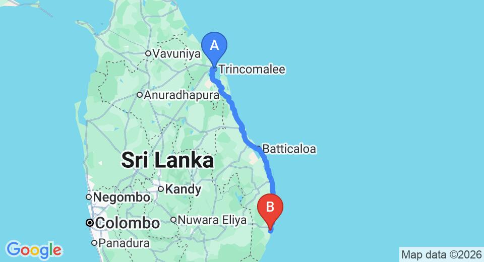 Driving route map: Trincomalee to Arugam Bay (247 km, approx 5 h 28 min private transfer)