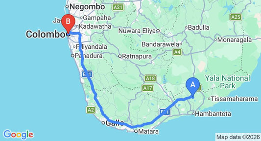 Driving route map: Mattala (HRI) Airport to Colombo (231 km, approx 3 h 10 min private transfer)