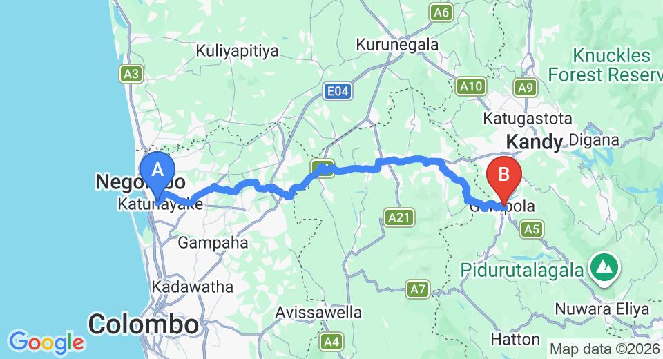 Driving route map: Colombo Airport (CMB) to Barkley Hill Holiday Bungalow, Gampola (106 km, approx 3 h 10 min private transfer)