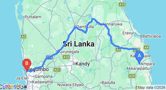 Driving route map: Ampara to Colombo Airport (CMB) (329 km, approx 6 h 32 min private transfer)