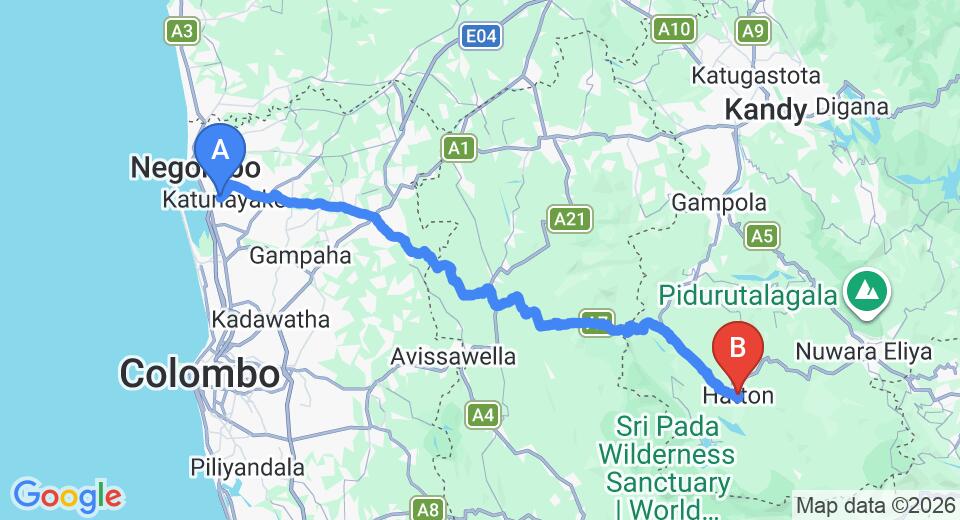 Driving route map: Colombo Airport (CMB) to Aberdeen Range Holiday Home, Hatton (116 km, approx 3 h 36 min private transfer)