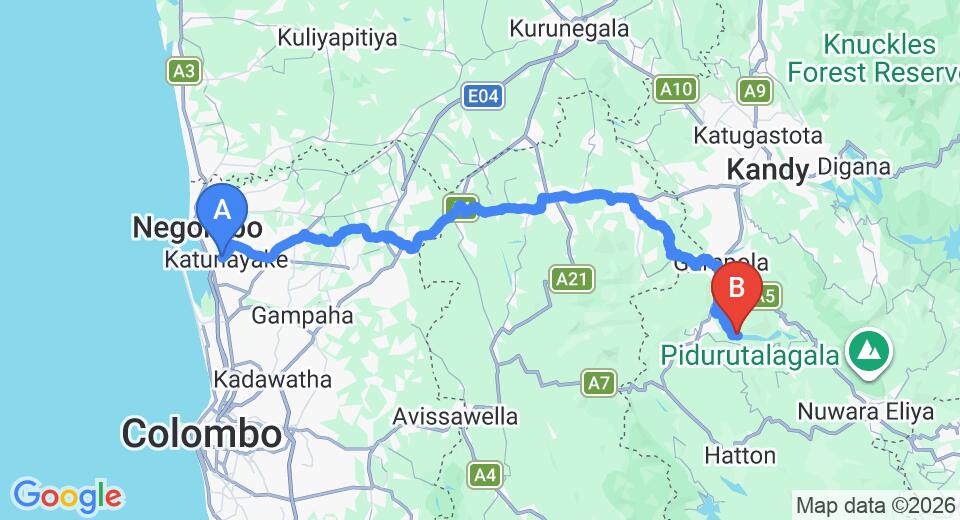 Driving route map: Colombo Airport (CMB) to Kothmale Holiday Bungalow, Kothmale (120 km, approx 3 h 36 min private transfer)