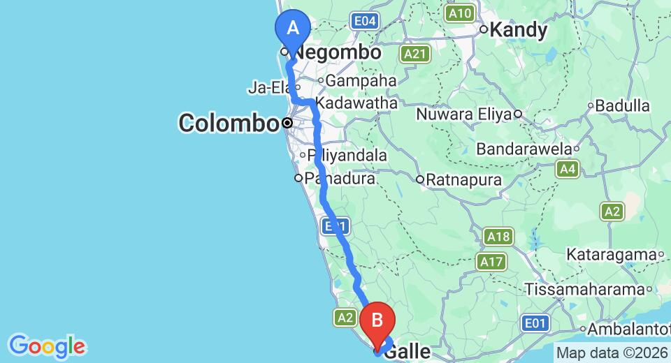Driving route map: Colombo Airport (CMB) to Orchard House, Galle (153 km, approx 2 h 14 min private transfer)
