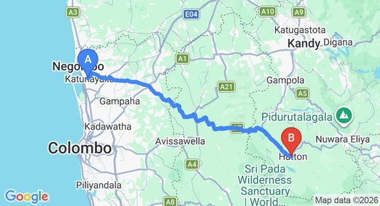 Driving route map: Colombo Airport (CMB) to Grand Peak Tea Garden Hotel, Hatton (115 km, approx 3 h 32 min private transfer)