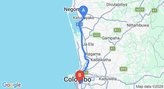 Driving route map: Colombo Airport (CMB) to Horton Place, Colombo (34 km, approx 45 min private transfer)