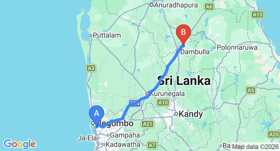 Driving route map: Colombo Airport (CMB) to Lario Resort, Sigiriya (139 km, approx 3 h 0 min private transfer)