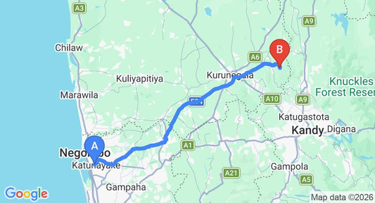 Driving route map: Colombo Airport (CMB) to Kithulwala (95 km, approx 2 h 12 min private transfer)