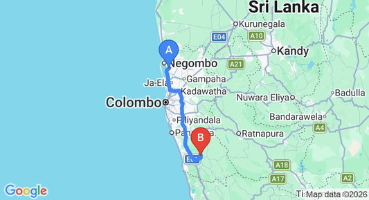 Driving route map: Colombo Airport (CMB) to Hiriketiya (97 km, approx 1 h 34 min private transfer)