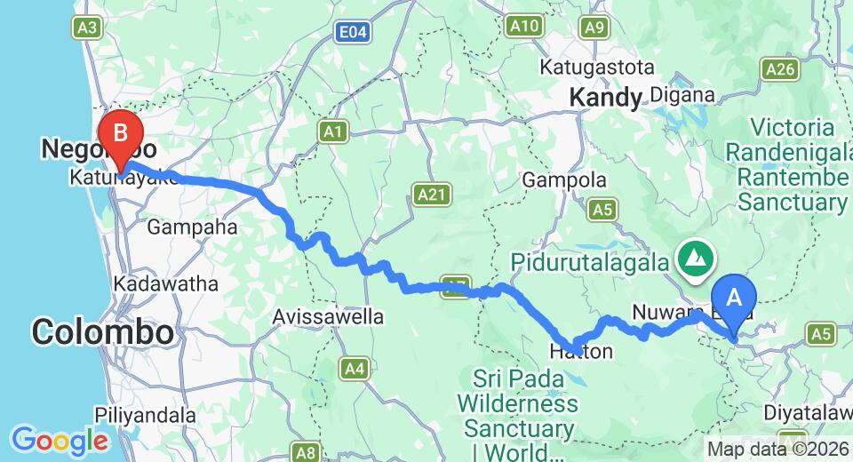Driving route map: Haggala to Colombo Airport (CMB) (165 km, approx 4 h 59 min private transfer)