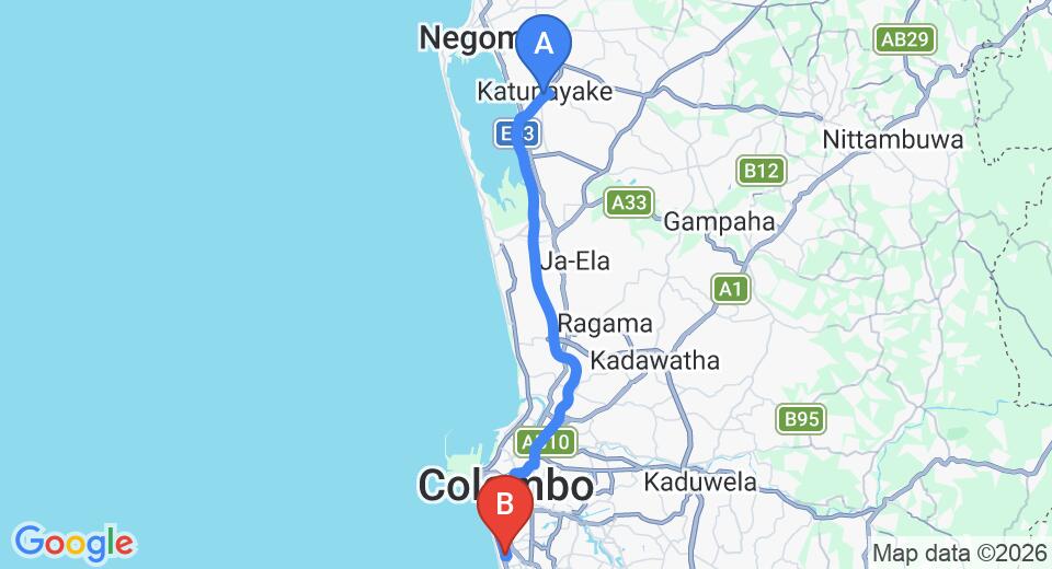 Driving route map: Colombo Airport (CMB) to Akara Suites and Apartments, Bambalapitiya (38 km, approx 53 min private transfer)