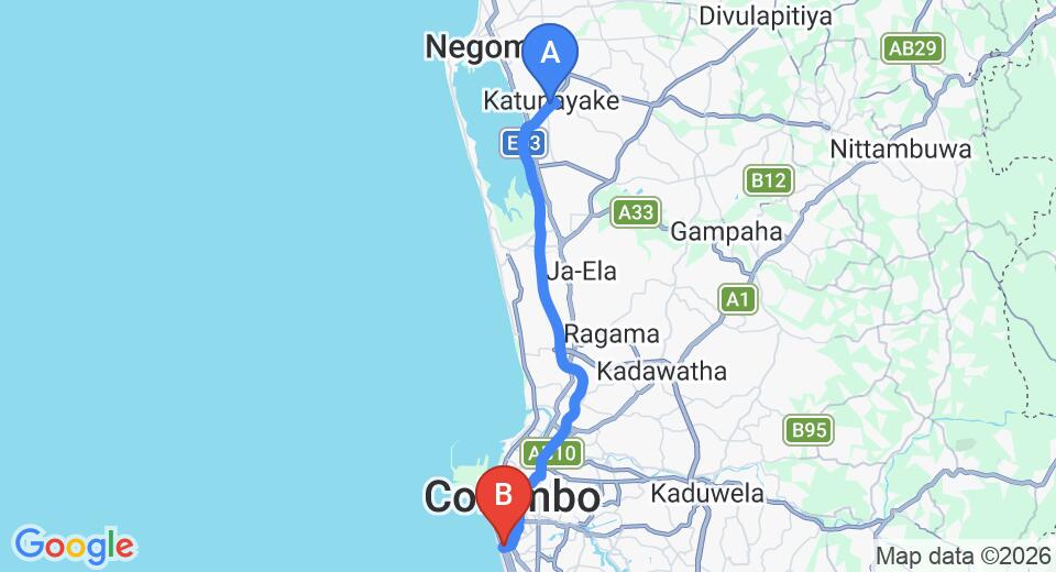 Driving route map: Colombo Airport (CMB) to Pearl Grand Hotel, Kollupitiya (36 km, approx 51 min private transfer)