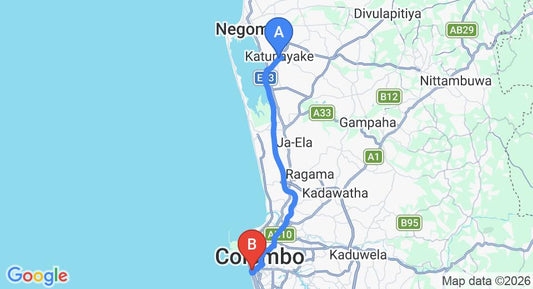 Driving route map: Colombo Airport (CMB) to Island Hostels, Colombo (36 km, approx 50 min private transfer)