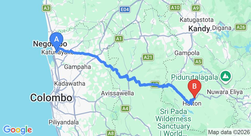 Driving route map: Colombo Airport (CMB) to Rosita Tea Plantation Bungalow, Kotagala (121 km, approx 3 h 44 min private transfer)