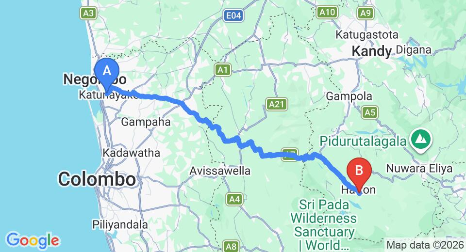 Driving route map: Colombo Airport (CMB) to Castlereigh Family Cottages, Hatton (117 km, approx 3 h 38 min private transfer)