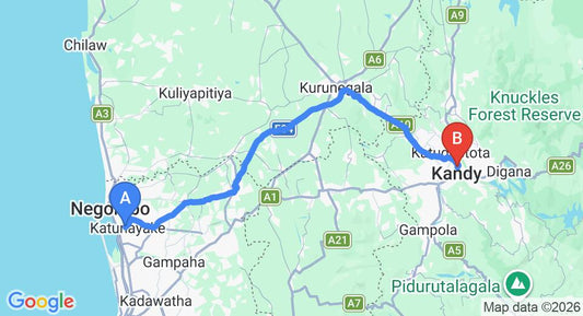 Driving route map: Colombo Airport (CMB) to Heavens Door Guest Inn, Kandy (112 km, approx 2 h 44 min private transfer)