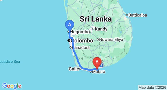 Driving route map: Colombo Airport (CMB) to TARU VILLAS MAWELLA, Tangalle (215 km, approx 2 h 57 min private transfer)