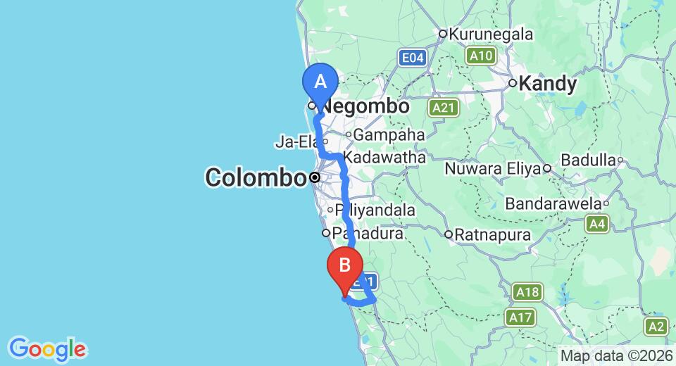 Driving route map: Colombo Airport (CMB) to Swanee Hotel, Beruwala (109 km, approx 1 h 45 min private transfer)